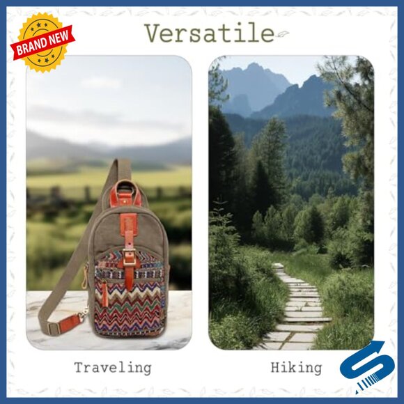 Canvas Sling Bag with Leather Accents, Adjustable Strap, 4 Pockets - Picture 2 of 6